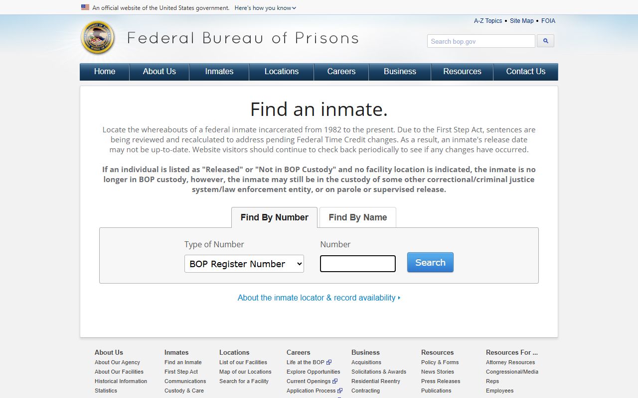 Federal BOP inmate locator search page, which shows custody status but no Jersey County booking photo