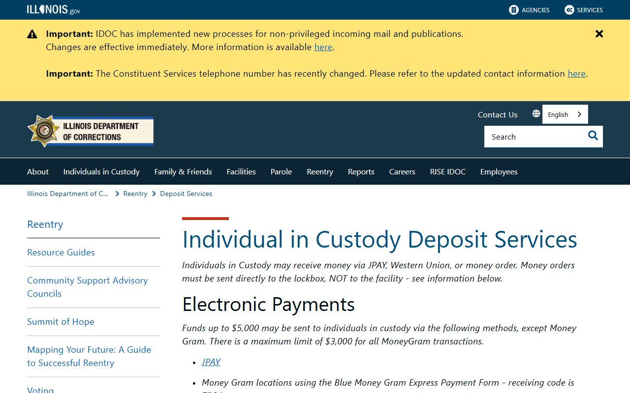 Illinois IDOC deposit services page showing money deposit options for inmates after transfer from Jersey County