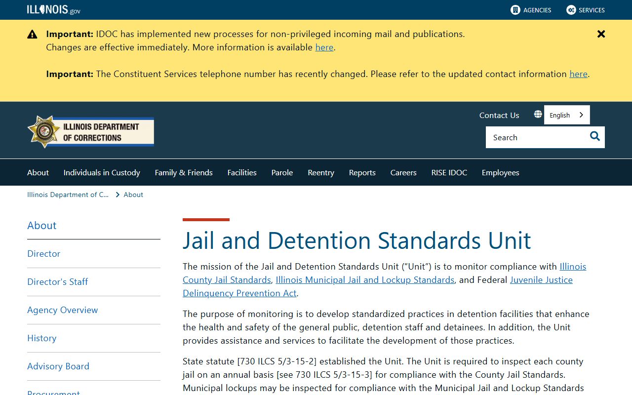 Illinois IDOC Jail and Detention Standards page describing inmate population reporting for county jails