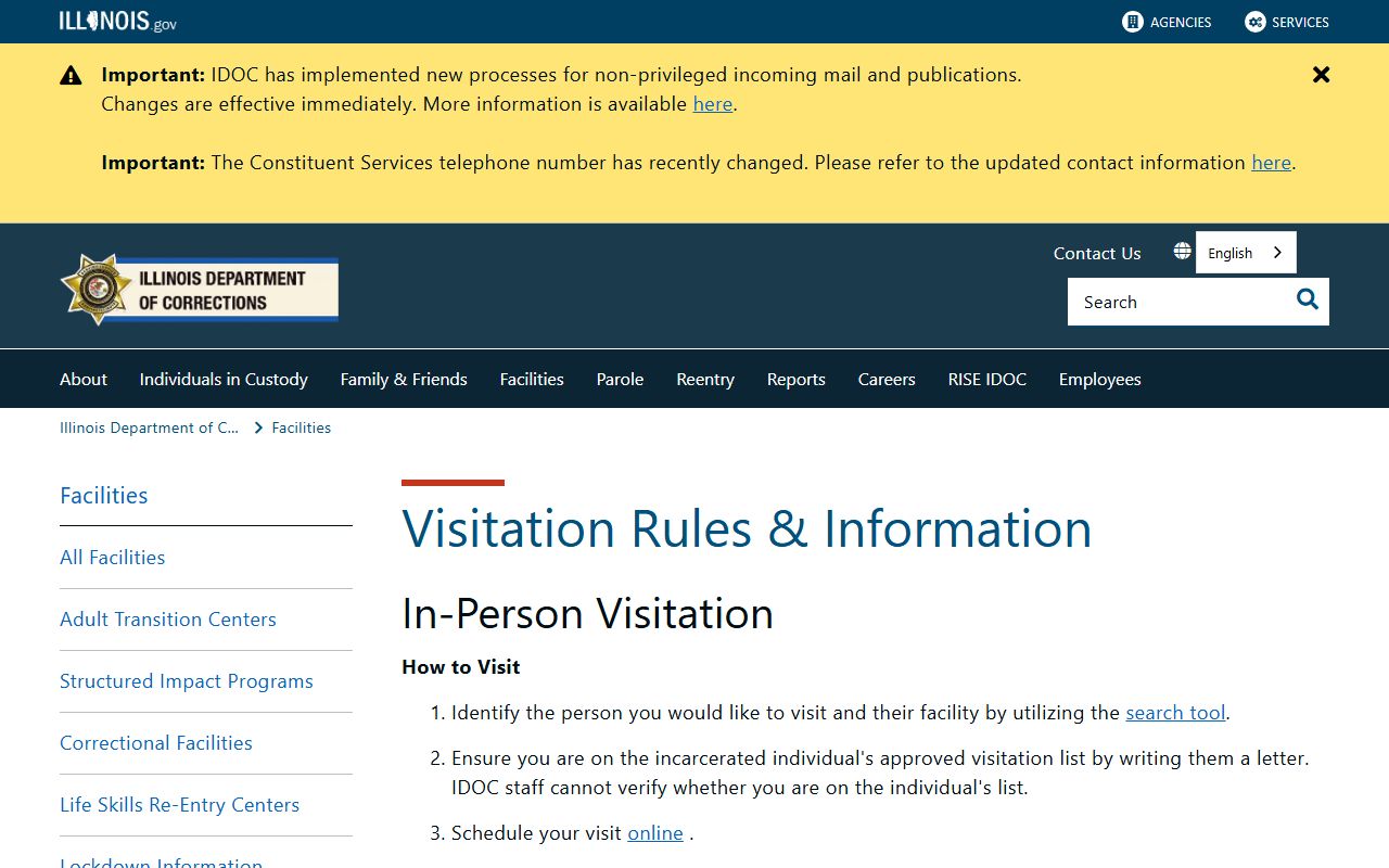 IDOC statewide visitation rules that apply after a Jersey County inmate is sentenced and transferred to state prison