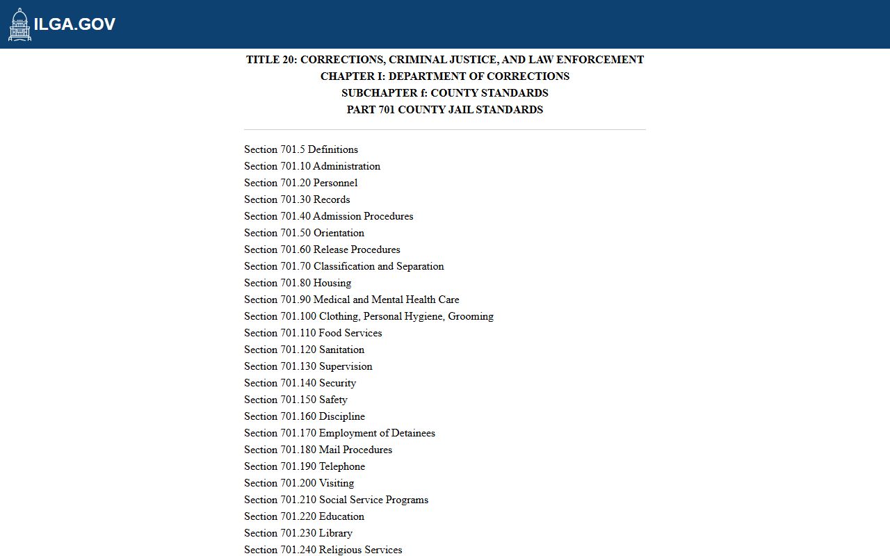 Illinois Administrative Code Part 701 county jail standards that govern Jersey County Jail visitation and records