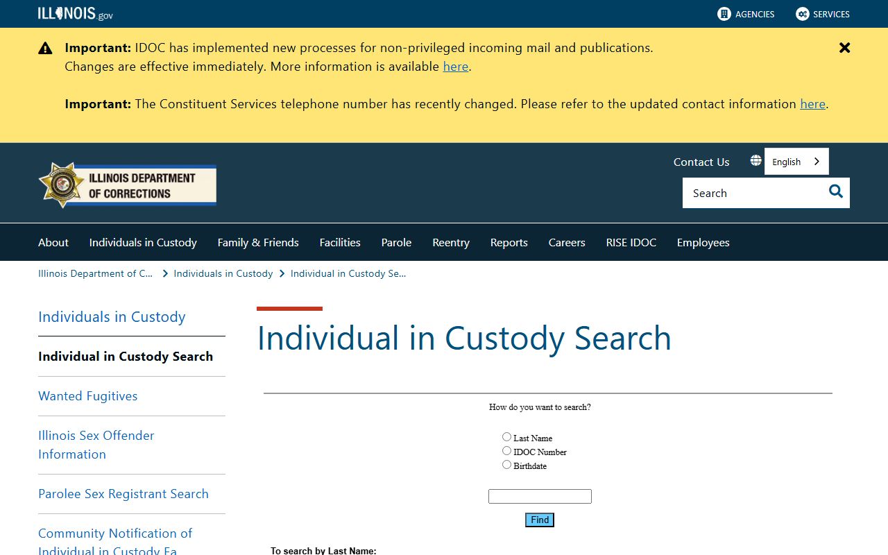 Illinois Department of Corrections Individual in Custody Search page used to look up sentenced inmates