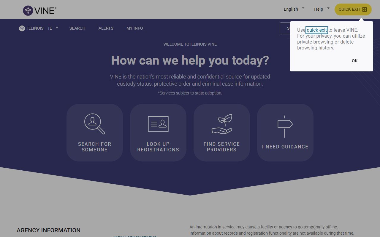 Illinois VINE landing page for Jersey County inmate custody and release notifications