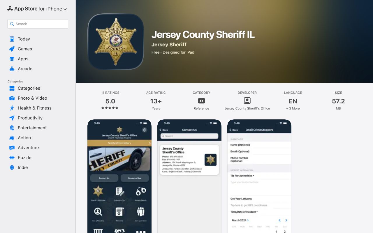Apple App Store listing for the Jersey County Sheriff IL app referenced for inmate and booking information