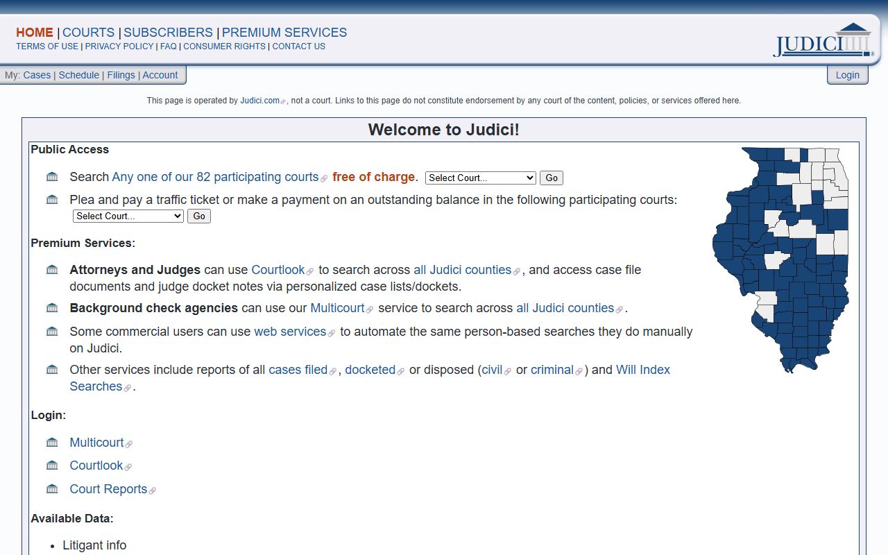 Judici main public access page listing court record data available for Jersey County cases